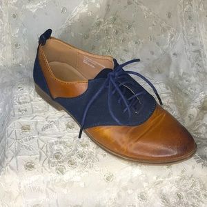 Restricted Navy and Brown Leather Oxford Flats, 7